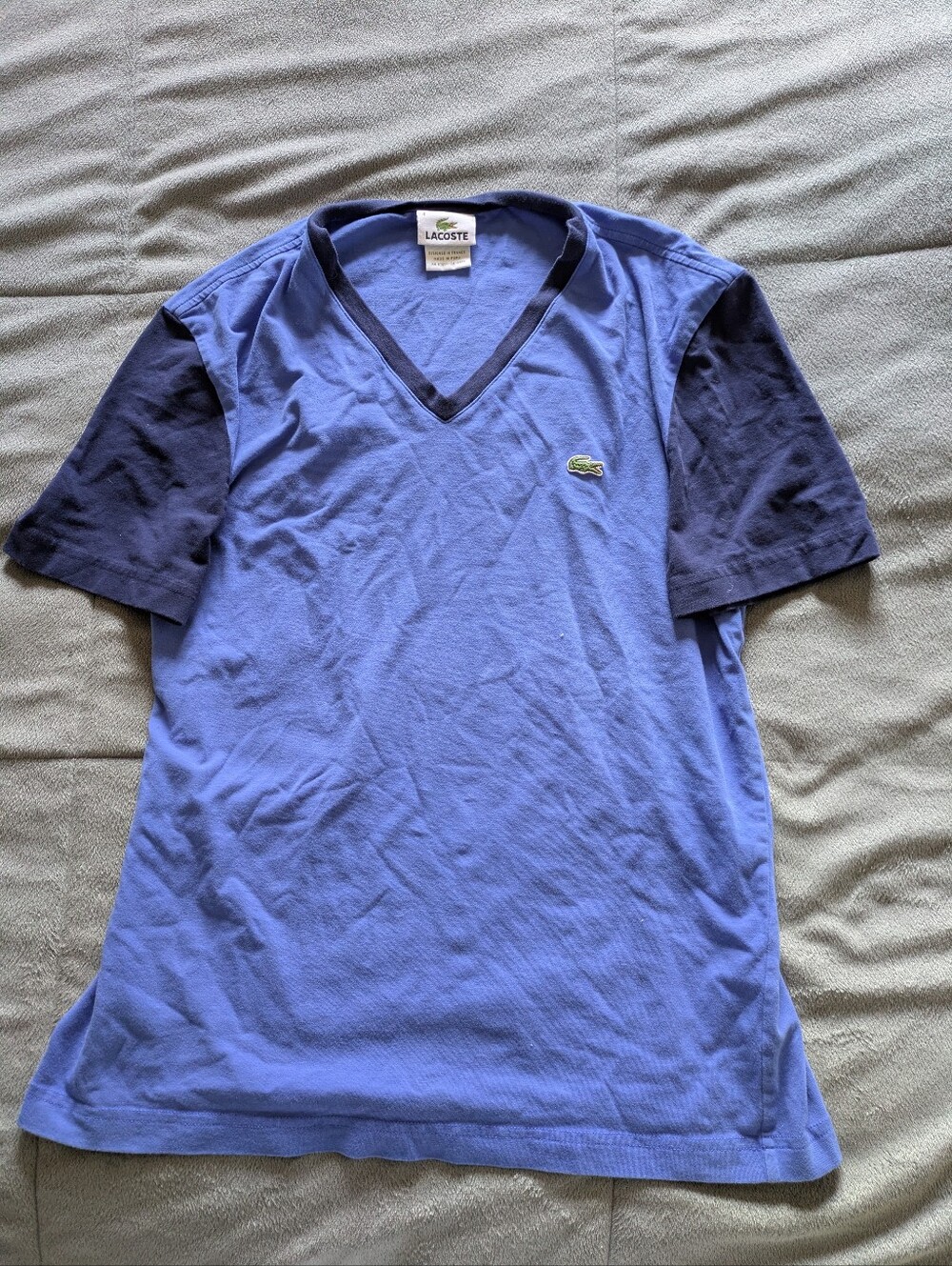 Womens Lacoste Two-Tone V-Neck Tee in Blue and Navy